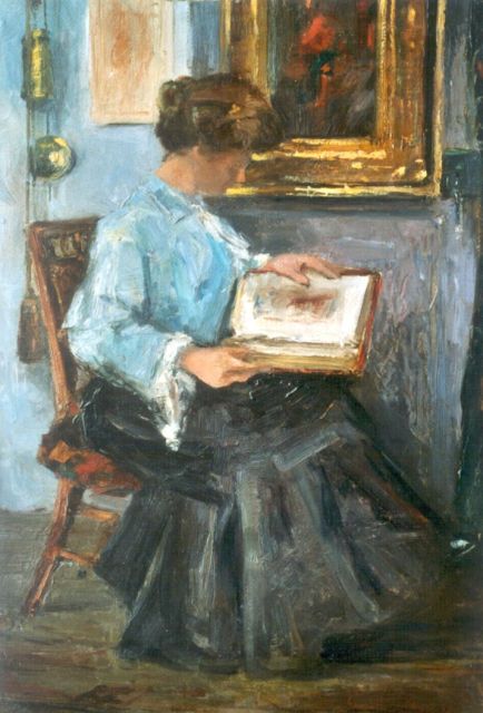 Hagemans P.  | Interieur met lezende vrouw, olieverf op board 43,5 x 29,8 cm, gesigneerd r.o. (vaag)