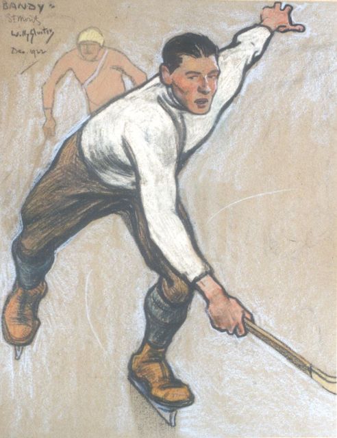 Willy Sluiter | Bandyspelers in St. Moritz, gekleurd krijt op papier, 40,7 x 32,4 cm, gesigneerd l.b. en gedateerd St. Moritz Dec. 1922