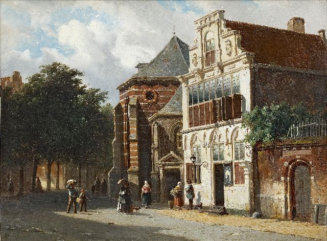 Adrianus Eversen | Zomers gezicht op de Petruskerk en het Stedehuys te Woerden, olieverf op paneel, 27,6 x 37,4 cm, gesigneerd l.o. met monogram