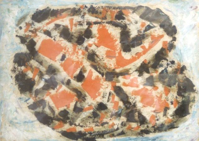 Stenneberg P.S.  | Compositie, gouache en olieverf op behangpapier 25,0 x 35,1 cm, gesigneerd verso en onduidelijk gedateerd dec. 1960