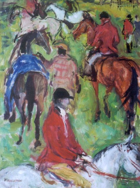 Frida Holleman | Paardrijders, olieverf op board, 40,0 x 30,0 cm, gesigneerd l.o.