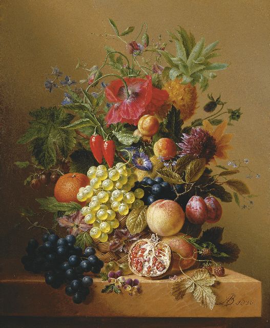 Bloemers A.  | Stilleven met bloemen, fruit en groente, olieverf op doek 65,0 x 54,0 cm, gesigneerd r.o met monogram en gedateerd 1836
