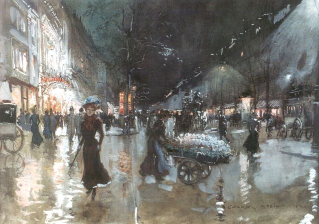 Stein G.  | Boulevard des Capucines in Parijs bij avond, potlood, aquarel en gouache op papier 25,0 x 34,0 cm, gesigneerd r.o.