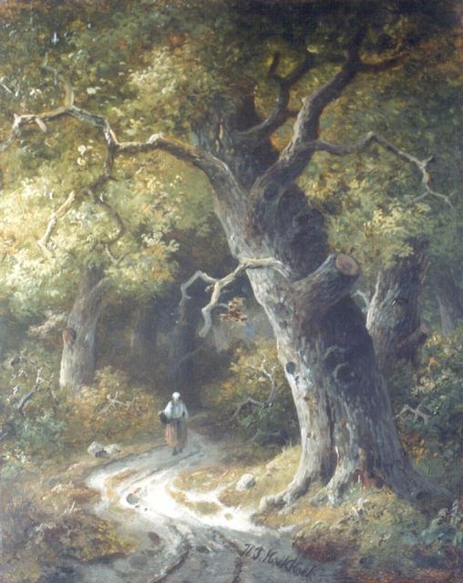 Hendrik Pieter Koekkoek | Boerenvrouw op een bospad, olieverf op paneel, 25,5 x 20,7 cm, gesigneerd m.o.