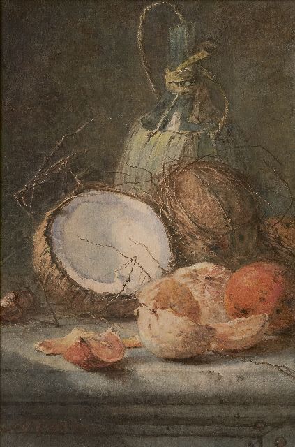 Maria Vos | Stilleven met wijnfles, kokosnoten en sinaasappelen, potlood en aquarel op papier op board, 55,0 x 37,0 cm, gesigneerd l.o. en gedateerd 1880