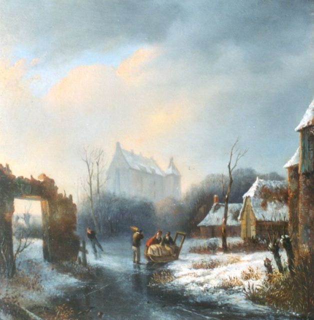 Antonie Franciscus Dona | Schaatsers en duwslede op een bevroren vaart, olieverf op paneel, 23,8 x 23,2 cm, gesigneerd l.o.