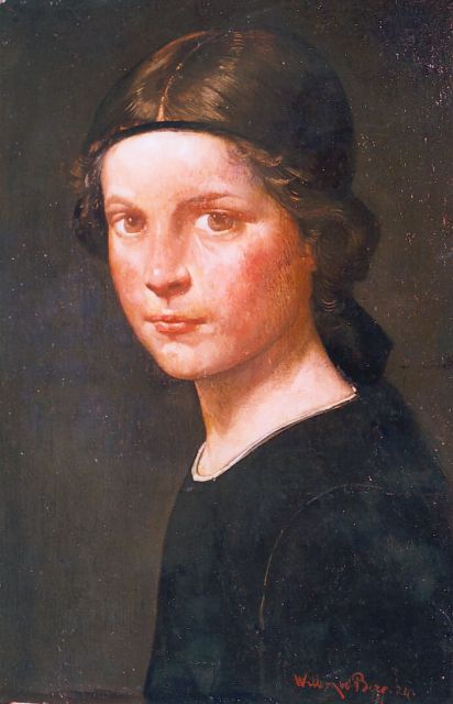 Willem van den Berg | Portret van een meisje met haarband, olieverf op paneel, 27,0 x 17,5 cm, gesigneerd r.o. en gedateerd '24
