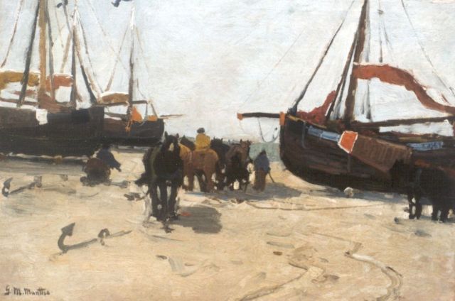 Morgenstjerne Munthe | Strandgezicht met bommen en sleperspaarden, olieverf op doek op paneel, 37,8 x 53,4 cm, gesigneerd l.o.