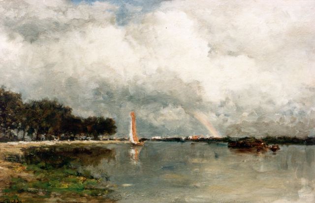 Willem Roelofs | Rivierlandschap met regenboog, olieverf op doek, 47,4 x 74,0 cm, gesigneerd l.o.