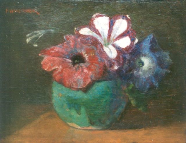 Marie Wandscheer | Petunia's in gemberpot, olieverf op paneel, 22,4 x 28,7 cm, gesigneerd l.b.