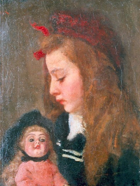 Marie Wandscheer | Henriëtte Thueré met pop, olieverf op doek, 41,4 x 31,5 cm, gesigneerd l.b.(deel van signatuur)