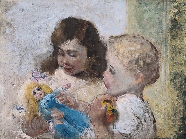 Paul Rink | Kinderen met pop, olieverf op doek, 49,5 x 65,0 cm, gesigneerd verso