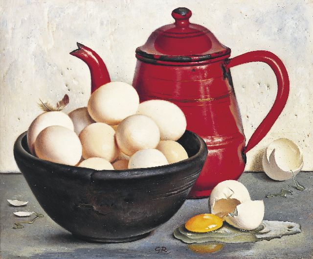 Gé Röling | Stilleven met eieren en koffiepot, olieverf op board, 24,9 x 30,0 cm, gesigneerd midden onder met initialen + verso