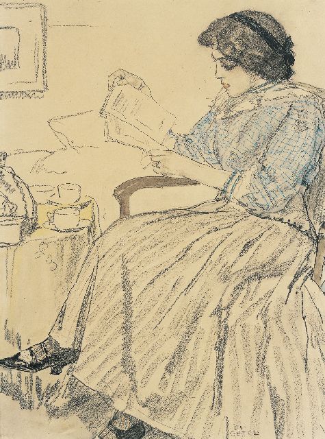 Leo Gestel | Lezende dame, krijt en aquarel op papier, 36,0 x 27,3 cm, gesigneerd r.o.