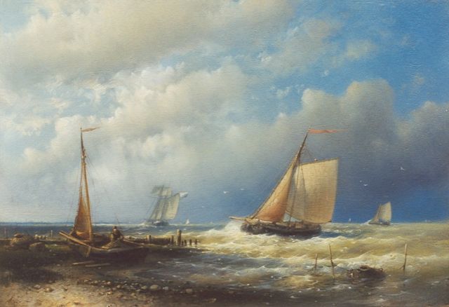 Abraham Hulk | Zeilschepen en aangemeerde vissersboot voor de kust, olieverf op paneel, 17,9 x 26,2 cm, gesigneerd l.o.