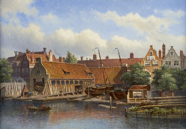 Eduard Alexander Hilverdink | Scheepswerf 'Het Jagt' aan de Looijerssloot in Amsterdam, olieverf op doek, 35,0 x 50,2 cm, gesigneerd r.o.