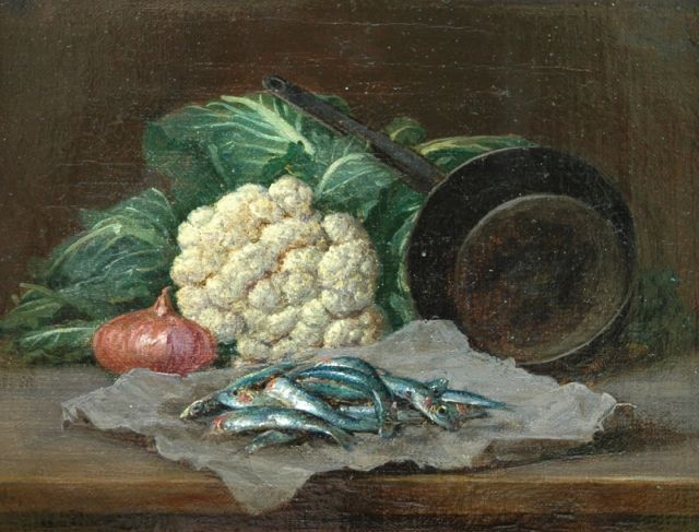 Duitse School, 19 eeuw | Stilleven met bloemkool en sardines, olieverf op doek, 14,8 x 19,5 cm, gesigneerd l.o. met initialen 'D.N.'