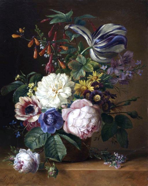 Geertruida Margaretha Jacoba Huidekoper | Pronkstilleven met rozen, tulpen en anemonen, olieverf op doek, 37,5 x 30,5 cm, gesigneerd l.o. met initialen en gedateerd 1845
