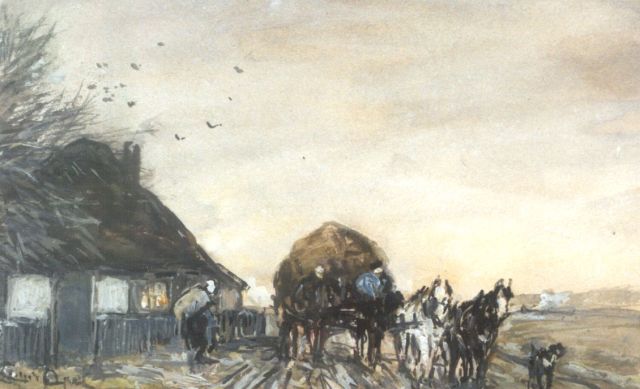 Louis Apol | Hooikar met paarden bij een boerenhuisje, aquarel en gouache op papier, 11,1 x 17,7 cm, gesigneerd l.o.