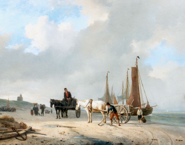 Hendrikus van de Sande Bakhuyzen | Schelpenvissers op het strand, olieverf op paneel, 38,6 x 49,3 cm, gesigneerd r.o. en gedateerd 1831