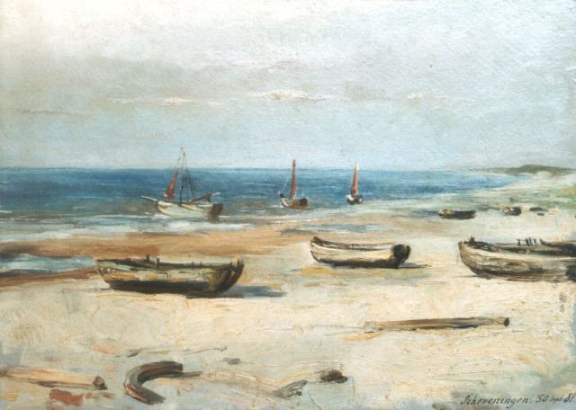 Bettinger G.P.M.  | Bommen op het strand van Scheveningen, olieverf op schilderskarton 23,8 x 32,7 cm, gedateerd 'Scheveningen 30 sept 81'.