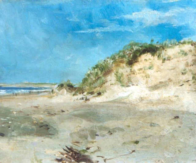 Gustave Bettinger | Opening in de duinen, Scheveningen, olieverf op schilderskarton, 19,0 x 23,1 cm