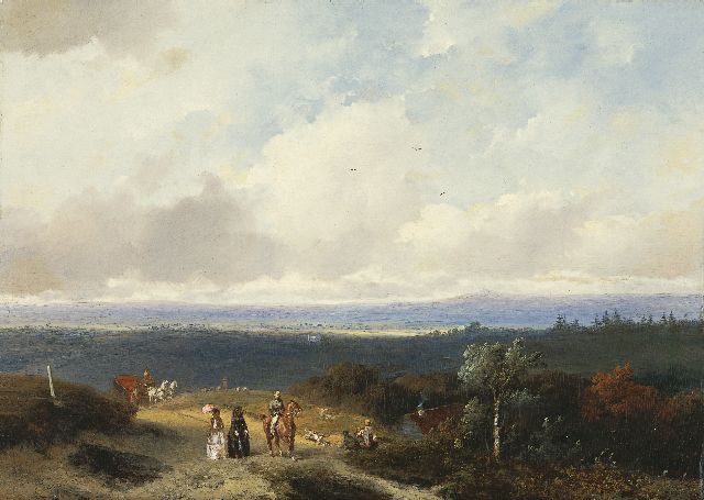 John Franciscus Hoppenbrouwers | Elegant gezelschap in het landschap van Montferland, Gelderland, olieverf op paneel, 37,0 x 52,0 cm, gesigneerd l.o. (door beide schilders)