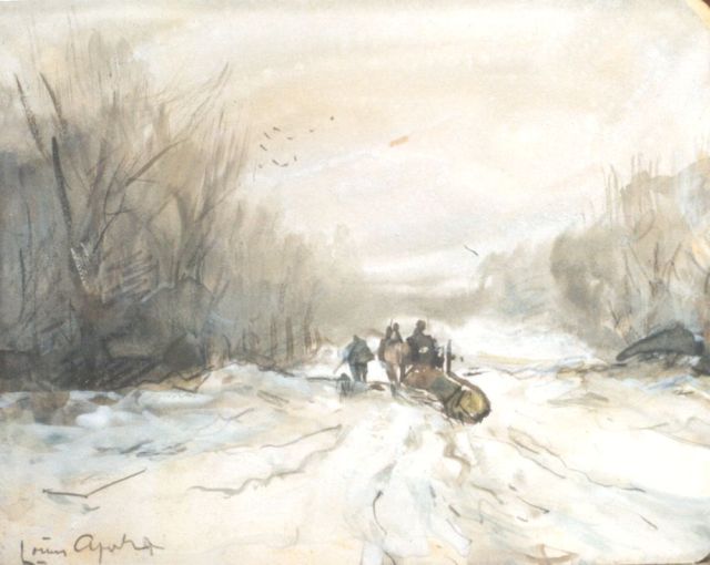Louis Apol | Mallejan in een winters bos, zwart krijt, aquarel en gouache op papier, 10,9 x 13,8 cm, gesigneerd l.o.
