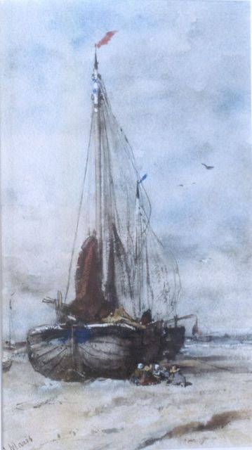 Jacob Maris | Twee bomschuiten op het strand, aquarel op papier, 39,0 x 22,0 cm, gesigneerd l.o.