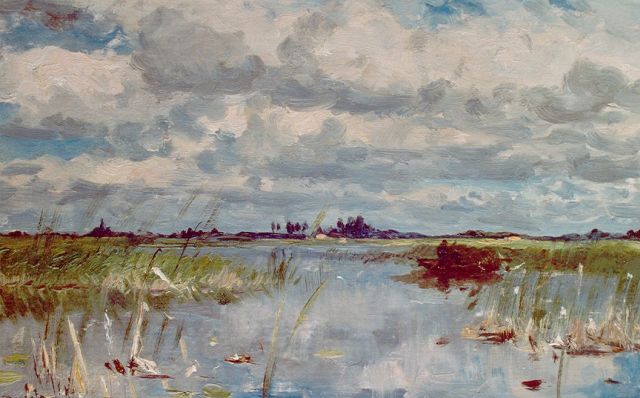Willem Roelofs | Plassen bij Noorden in de lente, olieverf op doek op paneel, 28,3 x 45,1 cm, gesigneerd l.o.