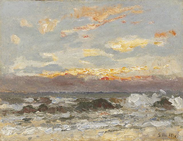 Morgenstjerne Munthe | Zonsondergang boven zee, olieverf op doek op paneel, 23,8 x 30,4 cm, gesigneerd r.o. met initialen