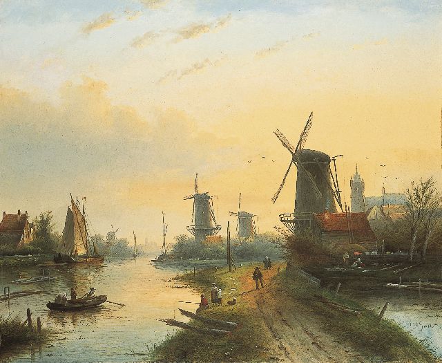 Jacob Jan Coenraad Spohler | Zomers riviergezicht met molenrij, olieverf op doek, 71,3 x 86,0 cm, gesigneerd r.o.