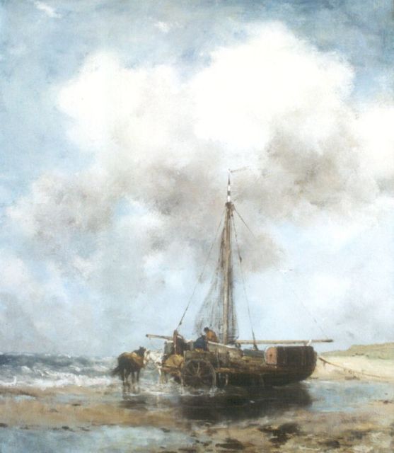 Johan Frederik Cornelis Scherrewitz | Bomschuit en schelpenkar op het strand van Katwijk, olieverf op doek, 66,0 x 56,0 cm, gesigneerd r.o.