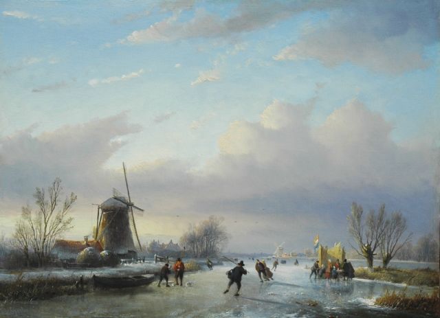 Jan Jacob Spohler | Hollands winterlandschap met schaatsers en koek-en-zopie, olieverf op paneel, 38,2 x 51,6 cm, gesigneerd l.o.