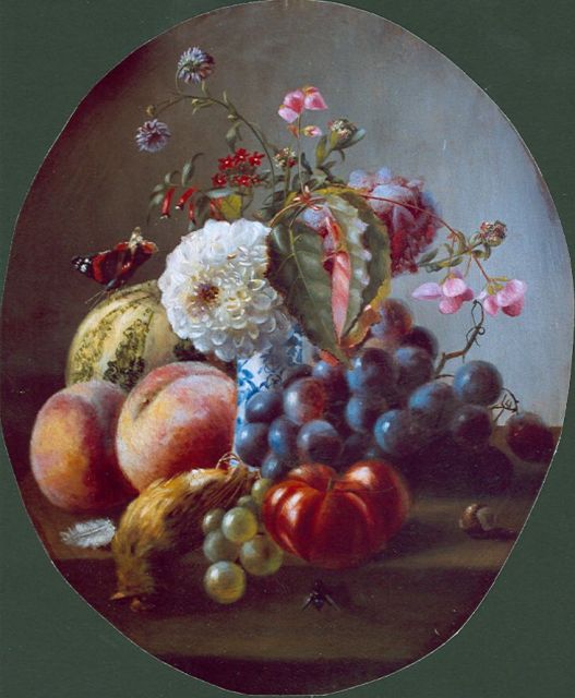 Margaretha Roosenboom | Stilleven van bloemen en vruchten, olieverf op paneel, 40,0 x 33,6 cm, gesigneerd m.o. en gedateerd 1859