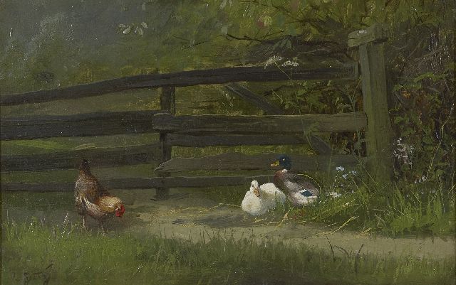 Carl Jutz | Kip en eenden bij een tuinhek, olieverf op papier op paneel, 21,6 x 32,1 cm, gesigneerd l.o.