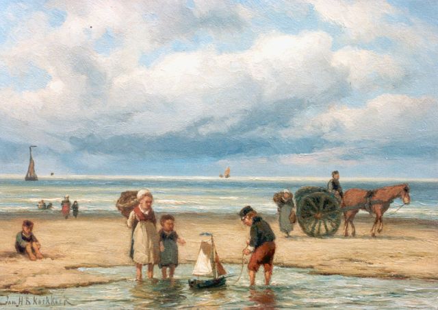 Jan H.B. Koekkoek | Spelevaren op het strand, olieverf op doek, 24,6 x 34,2 cm, gesigneerd l.o.