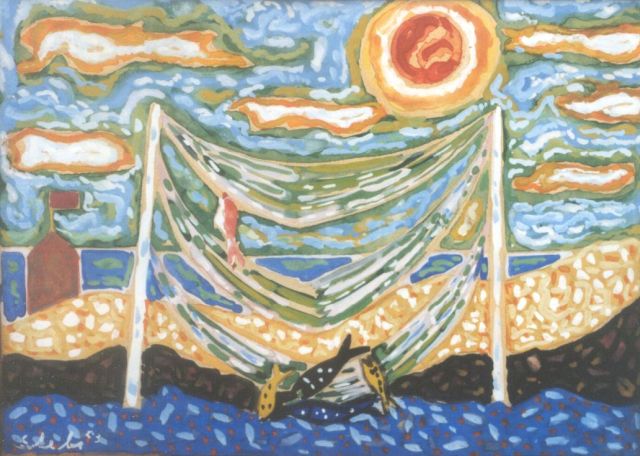 Ferry Slebe | Drogende netten, gouache op papier, 23,0 x 32,5 cm, gesigneerd l.o. en gedateerd '53