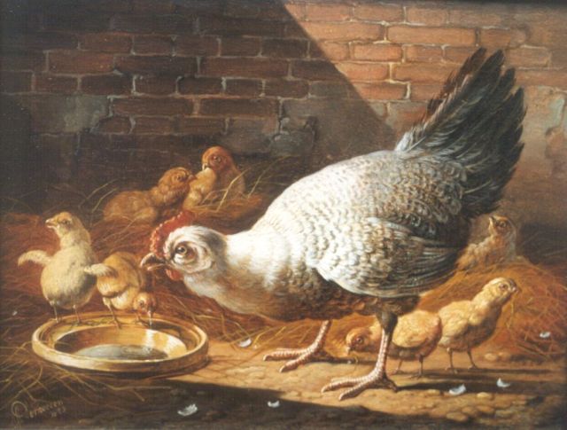 Albertus Verhoesen | Kip en kuikens, olieverf op paneel, 17,5 x 24,5 cm, gesigneerd l.o. en gedateerd 1873