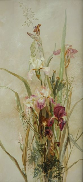 Phillippine Quarles van Ufford | Bloemstilleven met irissen, olieverf op paneel, 92,2 x 43,5 cm
