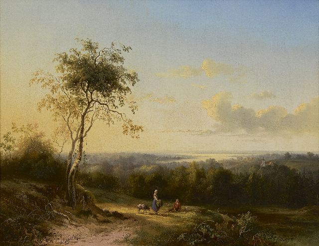 Ferdinand Hendrik Sijpkens | Panoramisch landschap met herdersvolk, olieverf op doek, 41,4 x 52,3 cm, gesigneerd l.o.