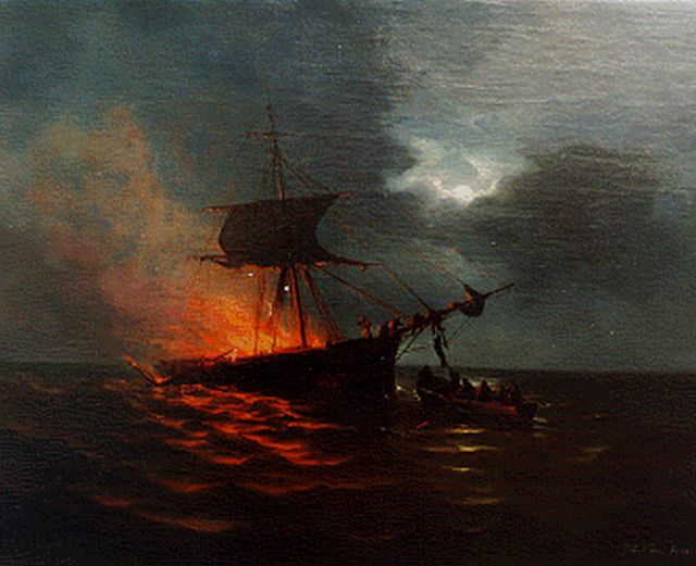 George Lourens Kiers | Brandend schip, olieverf op doek, 46,7 x 57,3 cm, gesigneerd r.o. en gedateerd '68