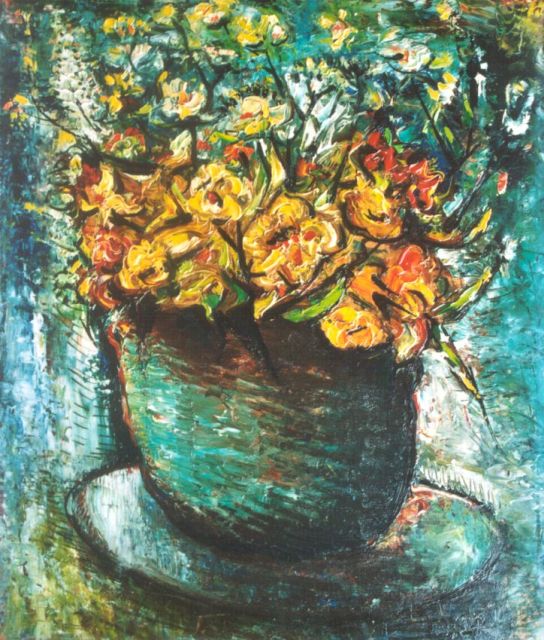 Mels J.W.A.A.M.  | Bloemen in aardewerken pot, olieverf op schildersboard 34,9 x 29,7 cm, gesigneerd r.o.