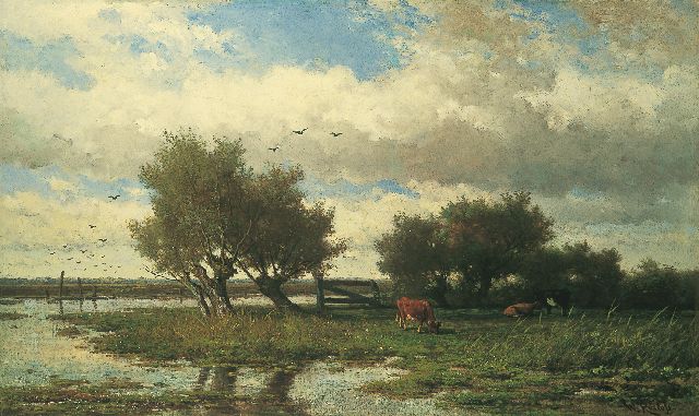 Willem Roelofs | Polderlandschap met knotwilgen en vee, olieverf op doek, 84,0 x 139,0 cm, gesigneerd r.o. en te dateren ca. 1860