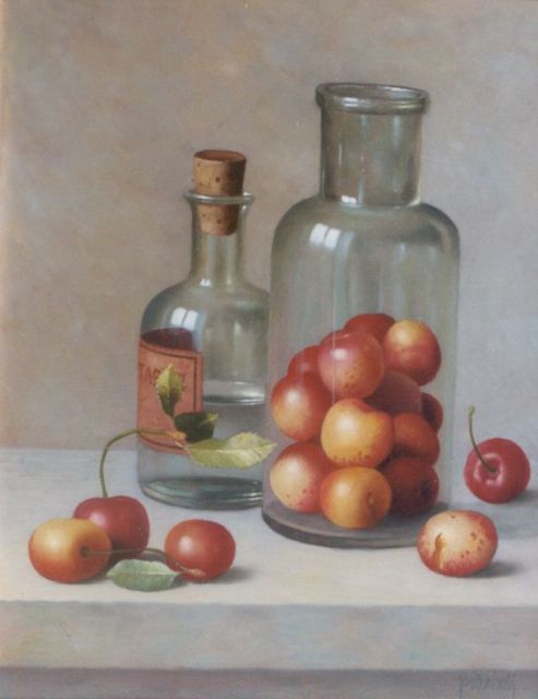 Gyula Bubarnik | Kersen en twee glazen flesjes, olieverf op paneel, 24,8 x 19,7 cm, gesigneerd r.o.