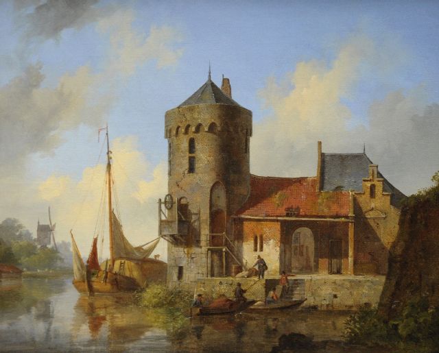 Cornelis Springer | Afgemeerde hooischuit aan de stadsrand, olieverf op doek, 29,0 x 35,2 cm, gesigneerd r.v.h.m. en te dateren ca. 1842