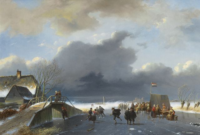 Nicolaas Roosenboom | IJspret bij een koek-en-zopie  (stoffage: H.A. Schaep  Mechelen 1826-1870 Antwerpen), olieverf op doek, 48,0 x 68,0 cm, ca 1860