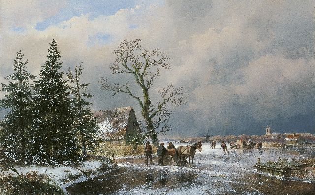 Andreas Schelfhout | Schaatsvolk en trekslede op een bevroren vaart, olieverf op paneel, 52,2 x 83,0 cm, gesigneerd r.o. en gedateerd 1869
