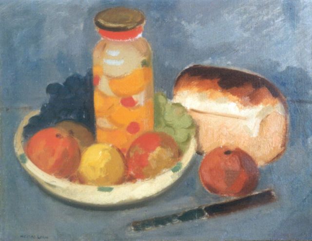 Maclean H.C.  | Fruitstilleven met brood en mes, olieverf op doek 35,5 x 45,6 cm, gesigneerd l.o.