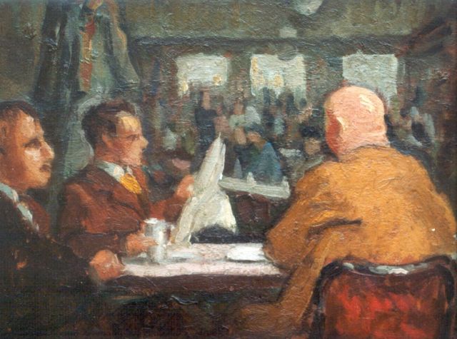 Belgische School, eerste helft 20e eeuw   | In het café, olieverf op karton 27,0 x 35,1 cm